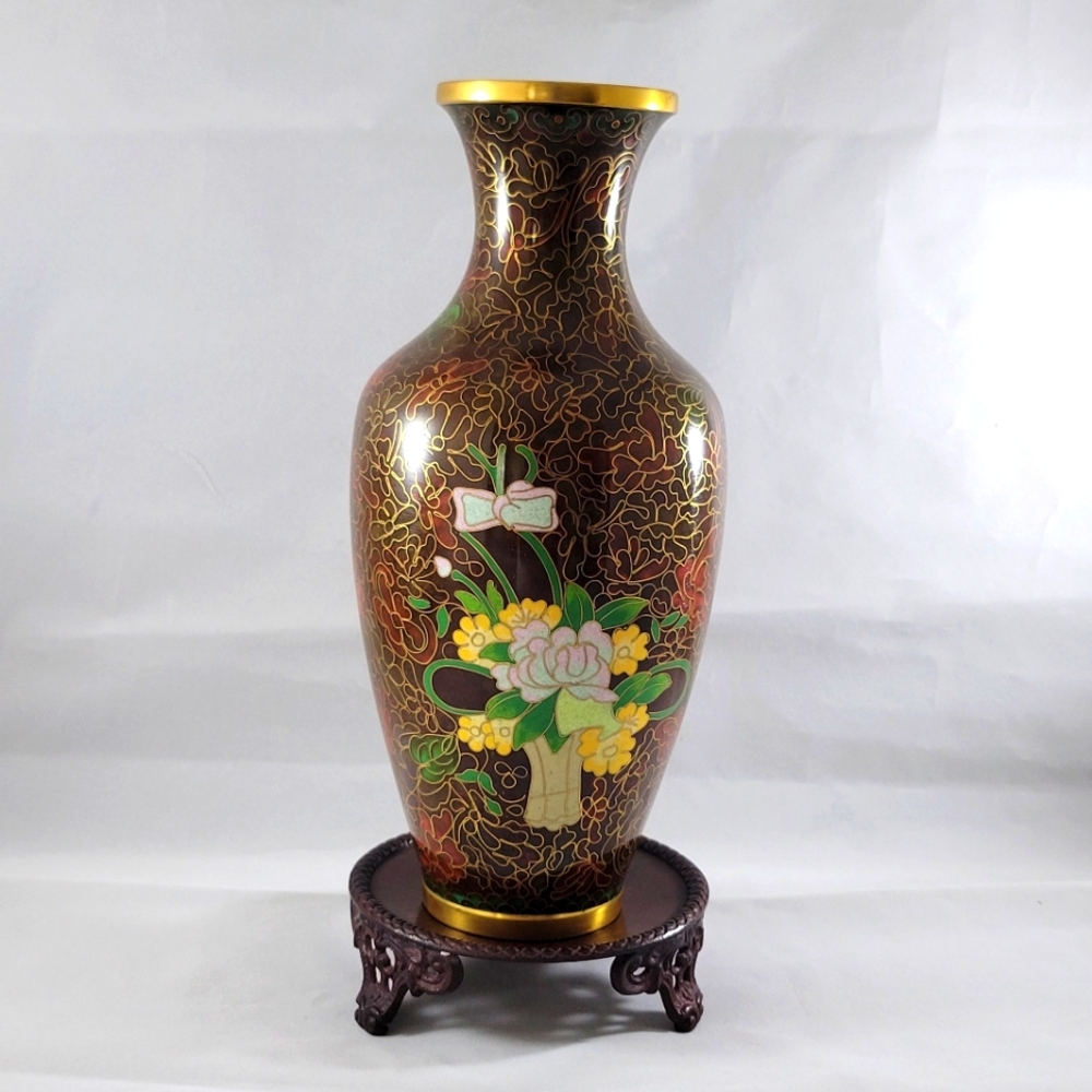 Beautiful Brass Cloisonne Enamel Vase with Metal Stand.